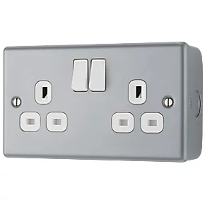 British General 13A 2-Gang DP Switched Metal Clad Power Socket with White Inserts 1 British General 13A 2-Gang DP Switched Metal Clad Power Socket with White Inserts