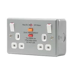 British General 13A 2-Gang SP Switched Metal Clad Passive RCD Switched Socket with White Inserts