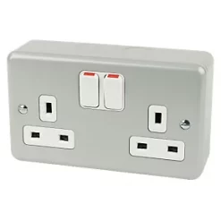 MK Metalclad Plus 13A 2-Gang DP Switched Metal Clad Plug Socket with White Inserts