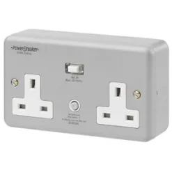 PowerBreaker 13A 2-Gang Unswitched Metal Clad Passive RCD Socket with Neon with White Inserts