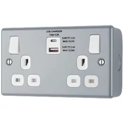 British General 13A 2-Gang SP Switched Metal Clad Socket + 4.2A 2-Outlet Type A & C USB Charger with White Inserts