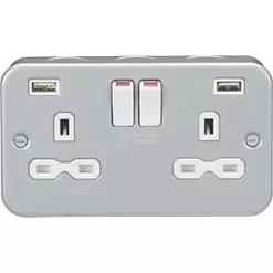 Knightsbridge MR9224 13A 2-Gang SP Switched Metal Clad Socket + 2.4A 2-Outlet Type A USB Charger with White Inserts