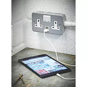 13A 2-Gang DP Switched Metal Clad Socket + 2.1A 2-Outlet Type A USB Charger with White Inserts 2 13A 2-Gang DP Switched Metal Clad Socket + 2.1A 2-Outlet Type A USB Charger with White Inserts - Image 2
