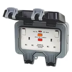British General IP66 13A 2-Gang SP Weatherproof Outdoor Switched Passive RCD Socket